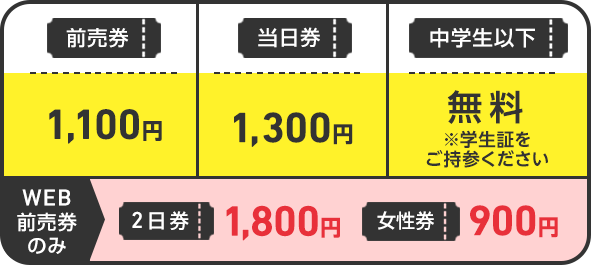 前売券 1,100円/当日券 1,300 円/WEB前売券のみ　2日券 1,800円　女性券 900円