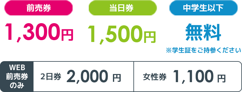 前売券 1,300円/当日券 1,500 円/中学生以下 無料/WEB前売券のみ　2日券 2,000円　女性券 1,100円